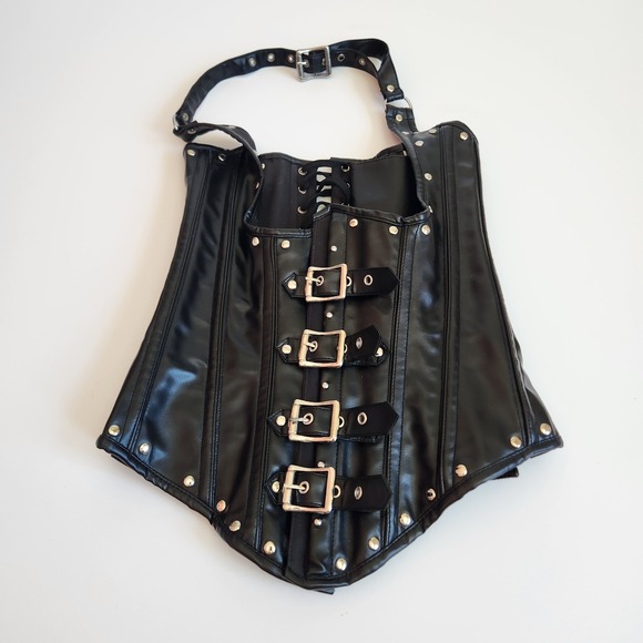 Tops - Whimsygoth Black Leather Halter Corset Top Buckle Front Lace Up Back size Medium